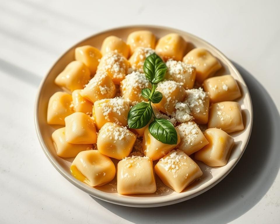 A freshly prepared plate of homemade potato gnocchi, perfectly pillowy and glistening with a drizzle of melted butter. The gnocchi are arranged in an elegant pattern, with a sprinkle of freshly grated Parmesan cheese and a few vibrant basil leaves adding a touch of color. The image is captured in soft, natural lighting, highlighting the delicate texture of the dumplings. The background is a clean, minimalist surface, allowing the dish to be the sole focus. This image perfectly captures the essence of preparing the perfect gnocchi, showcasing the simplicity and elegance of this classic Italian comfort food.